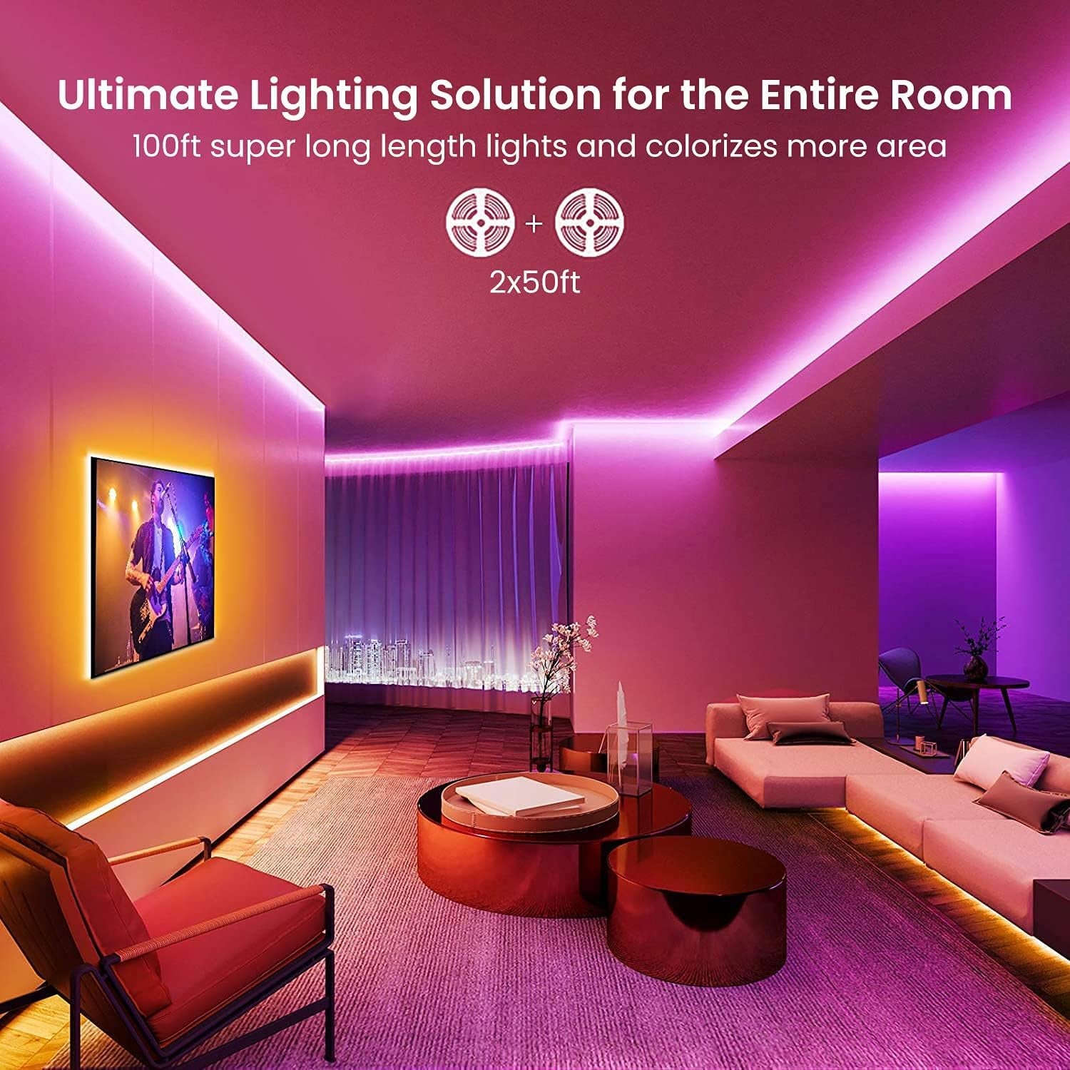 LED Lights Strip 100 FT, LED Lights for Bedroom 100Ft, RGB Rope Light for Room, Bluetooth APP Control,Color Changing Strip, Sync with Music,Para Cuarto, for Bedroom Home Party Decoration